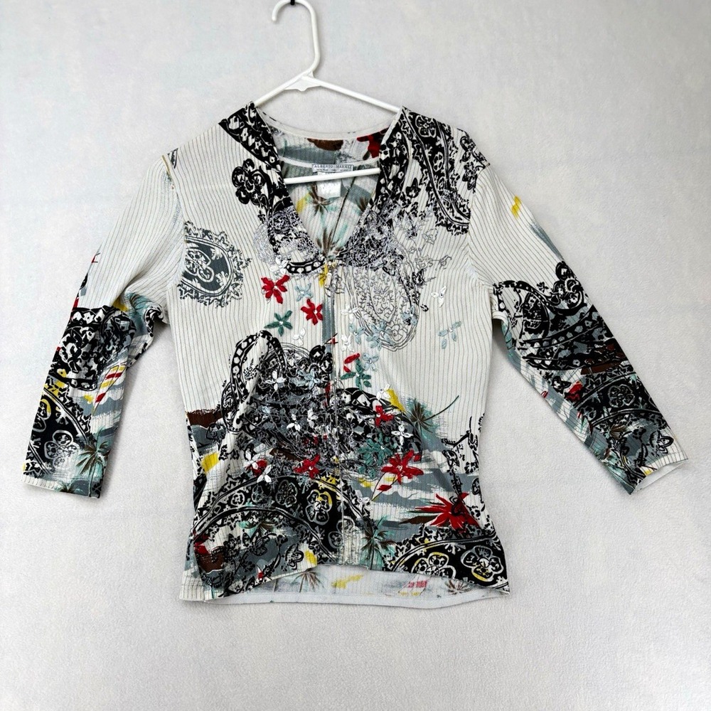 Alberto Makali Knit Blouse V-Neck 3/4 Sleeve Zip Paisley Beaded Women's M